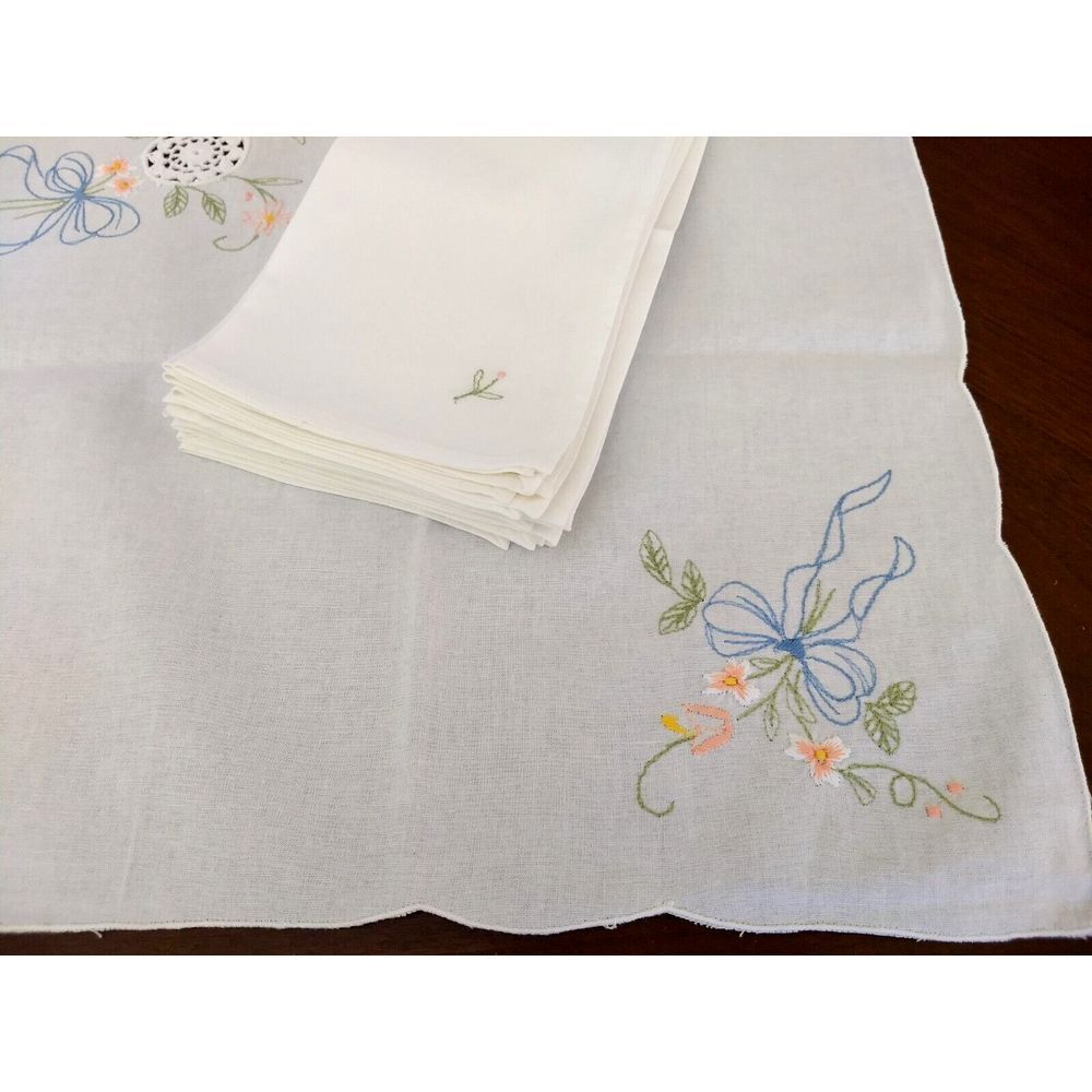 VTG Embroidered White Linen Floral Teacloth TABLECLOTH & 8 NAPKINS Scallop Edge
